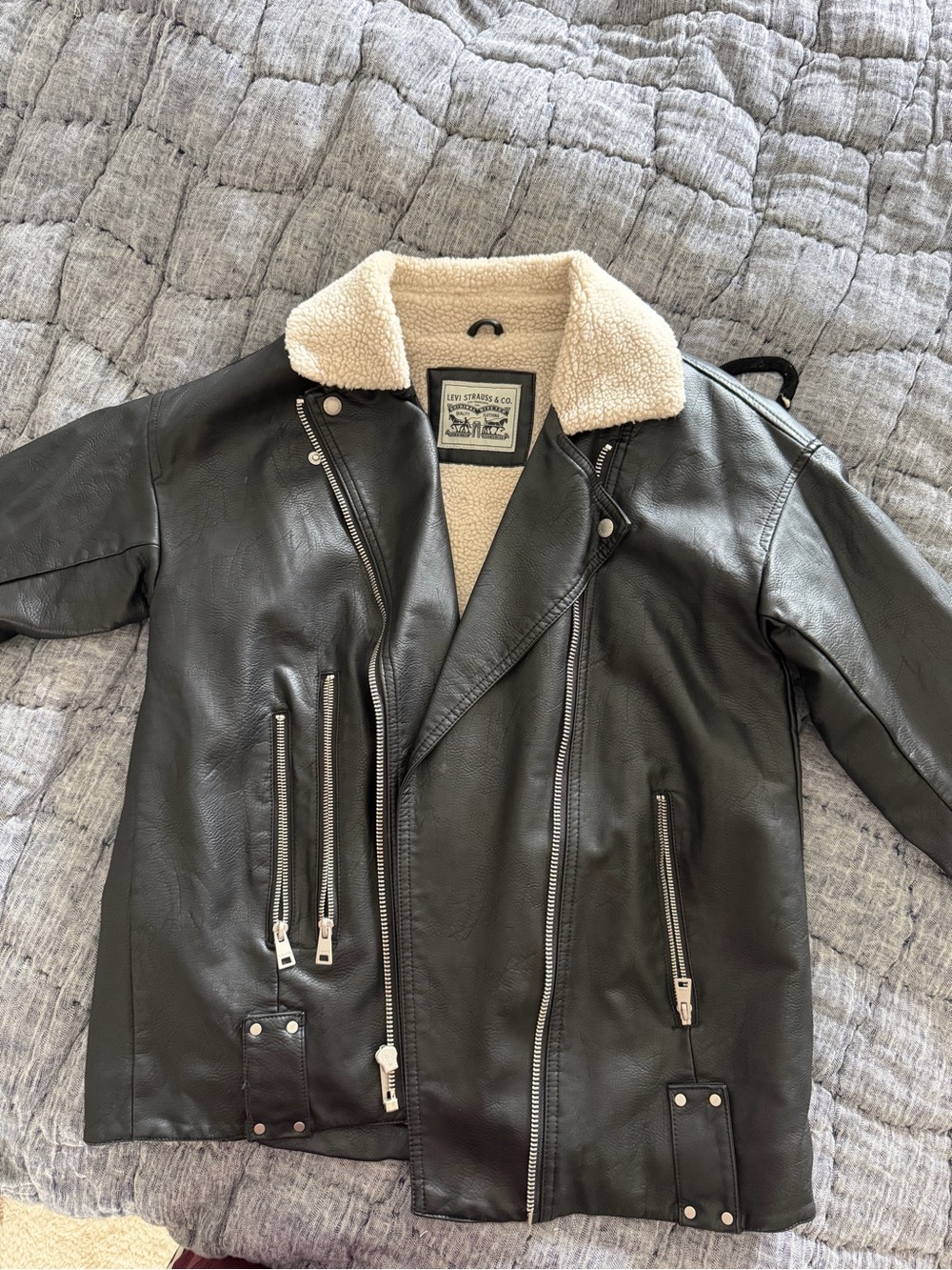 Levi Leather Jacket with Shearling Collar - size small, black leather
